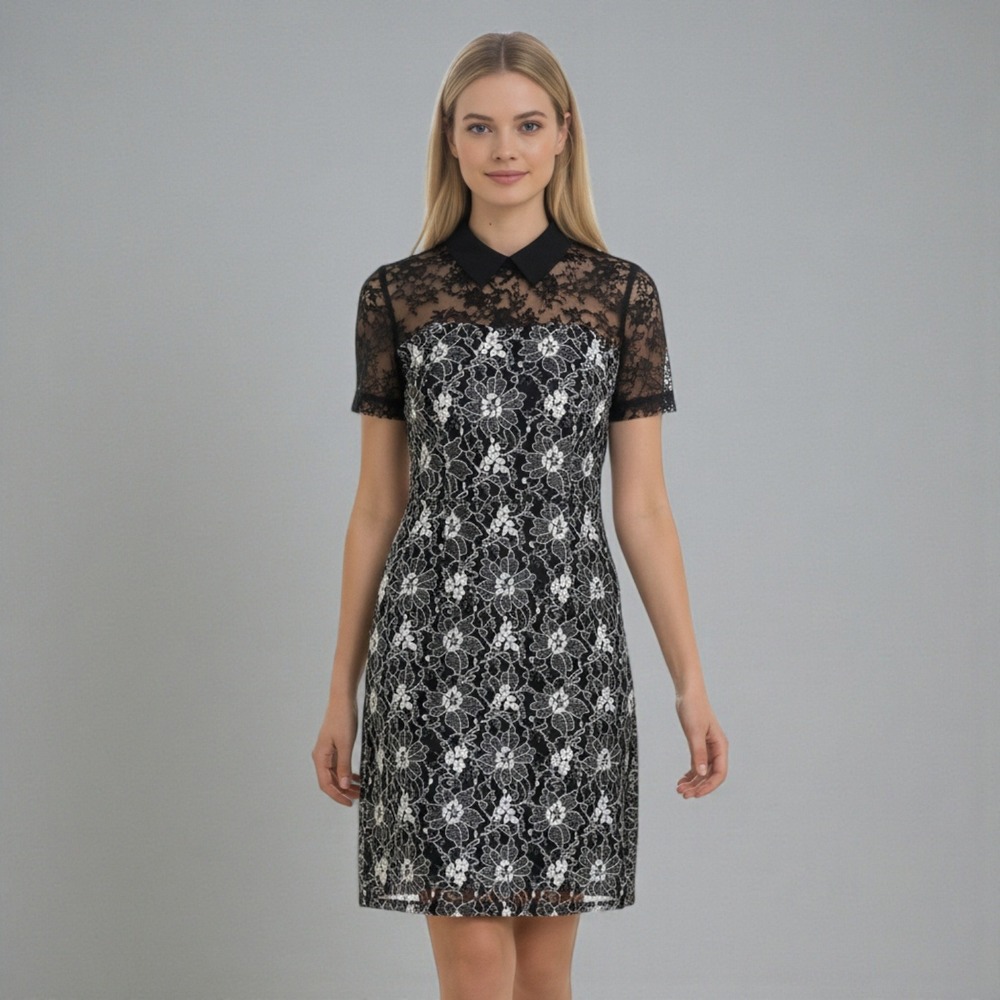 Karl Lagerfeld Paris Black Lace-Yoke Collared Sheath Dress Short Sleeve Sheath